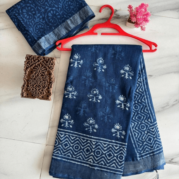 Traditional Bagru Handblock Print Linen Sarees - India shopping