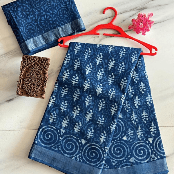 Traditional Bagru Handblock Print Linen Sarees - India shopping