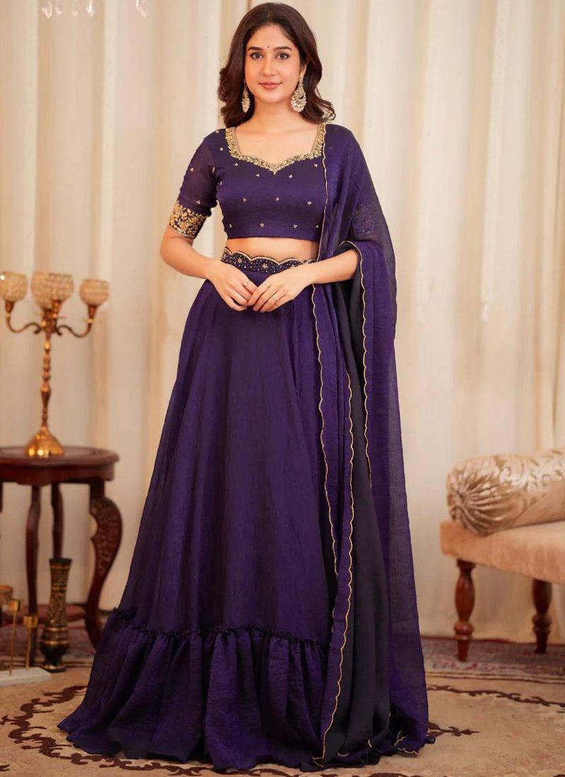 Purple Diamond Crush Silk Lehenga Choli With Chain Stitch | Ready To Wear