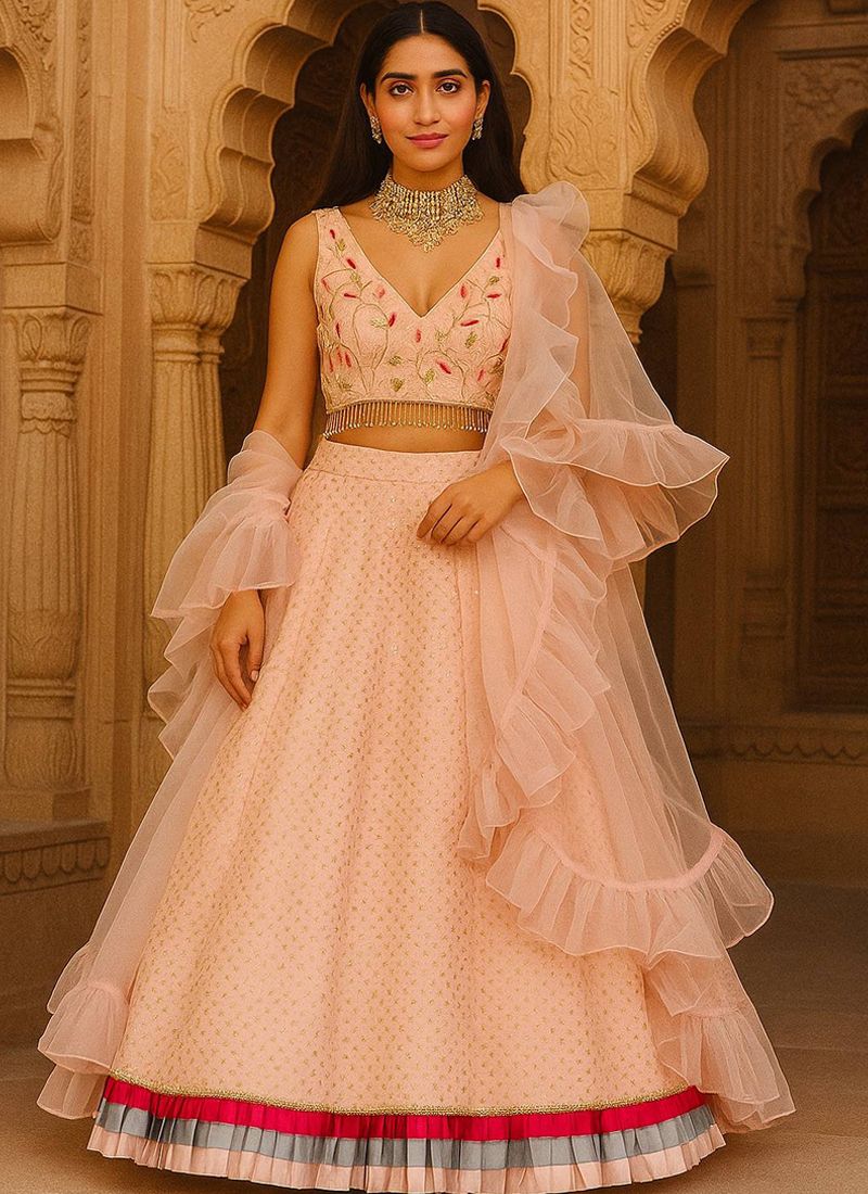 Peach Thai Silk & Organza Lehenga Choli With Border Work | Ready To Wear