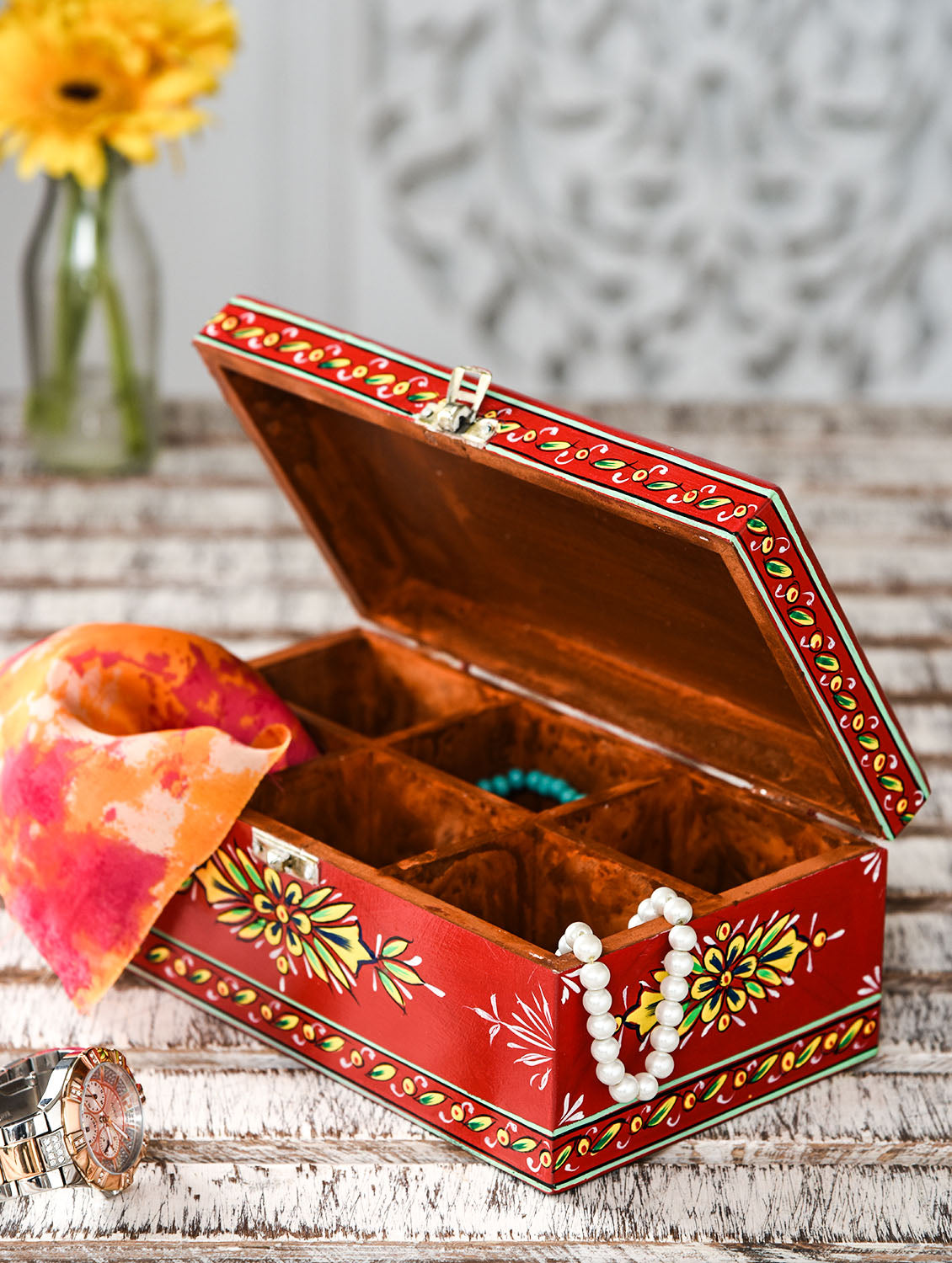 Hand Painted Tea Box : Mughal All Red