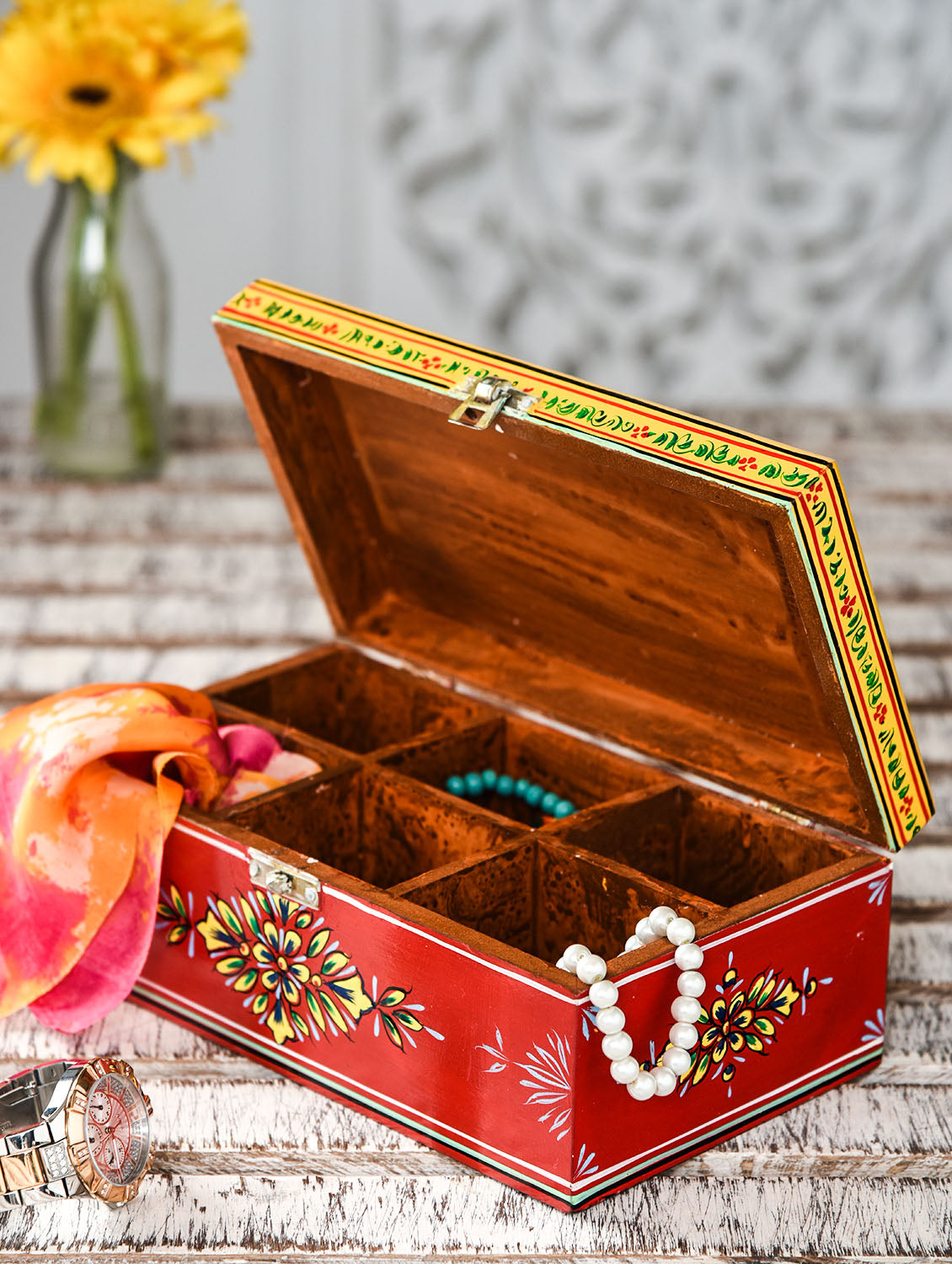 Hand Painted Tea Box : Mughal Red