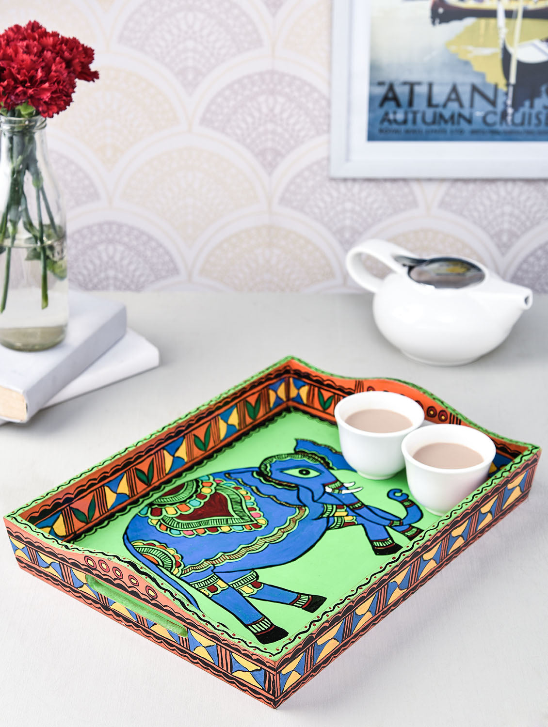 Hand Painted Tray Blue Elephant Madhubani Art