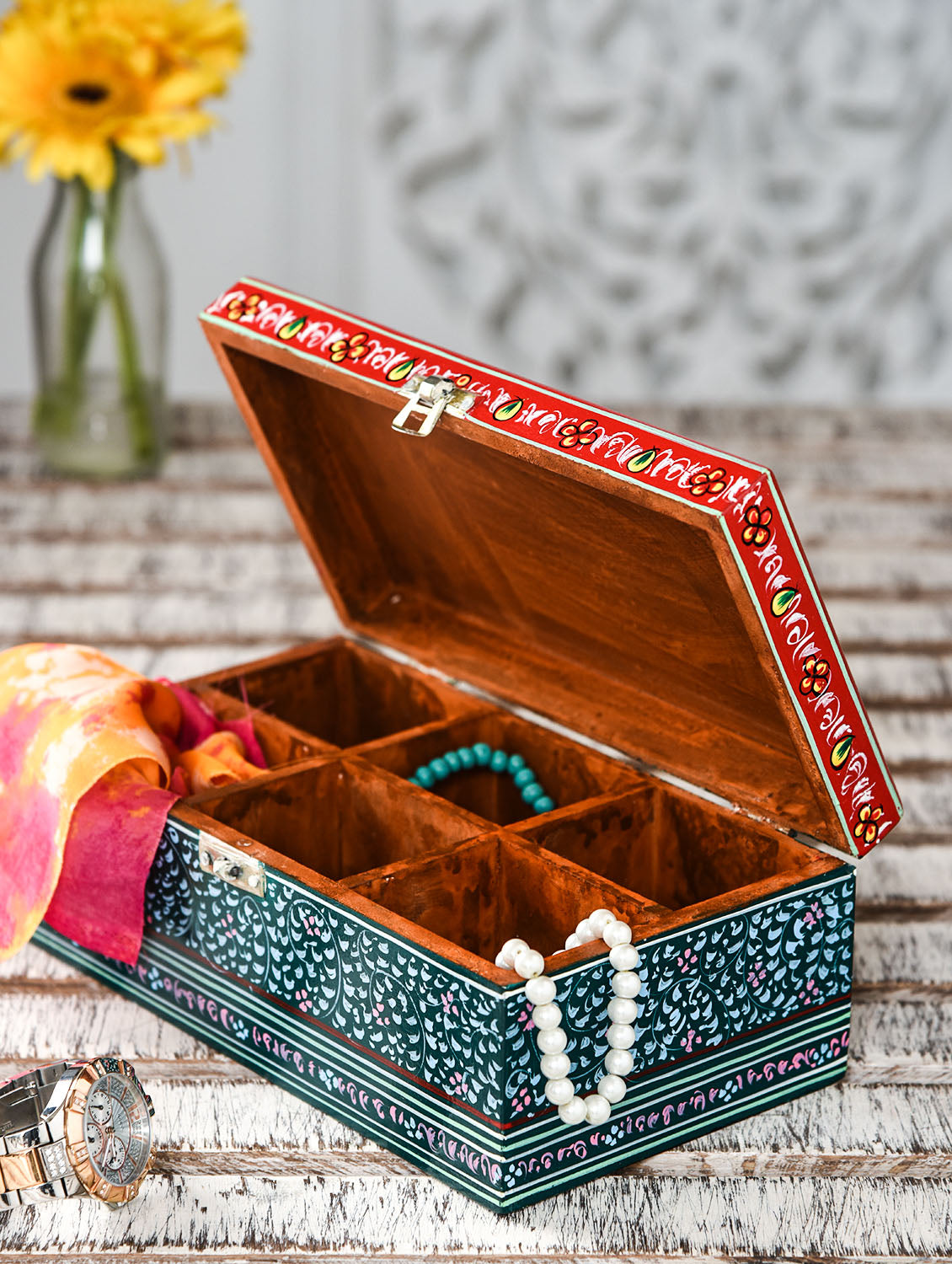 Hand Painted Tea Box : Mughal Green Yellow